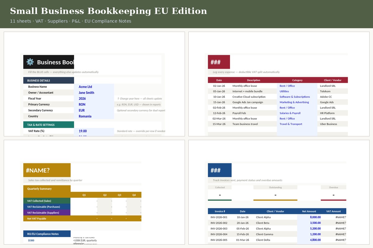 Small Business Bookkeeping EU — Setup, Expenses, VAT tracker and Invoices sheets