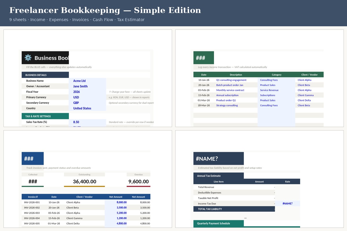 Freelancer Bookkeeping spreadsheet preview — Setup, Income, Invoices and Tax Estimator sheets