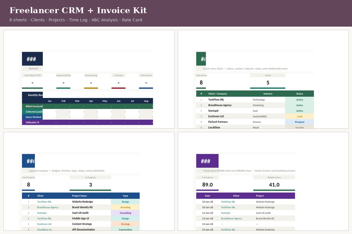 Freelancer CRM + Invoice Kit — Dashboard, Clients, Projects and Time Log sheets